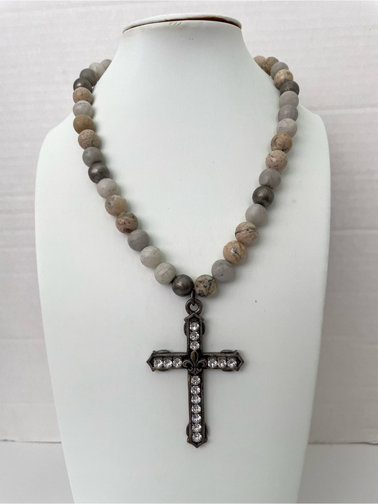 French Kande Jewelry - French Kande Neutral Stone Beaded Necklace with Crystal Cross Pendant